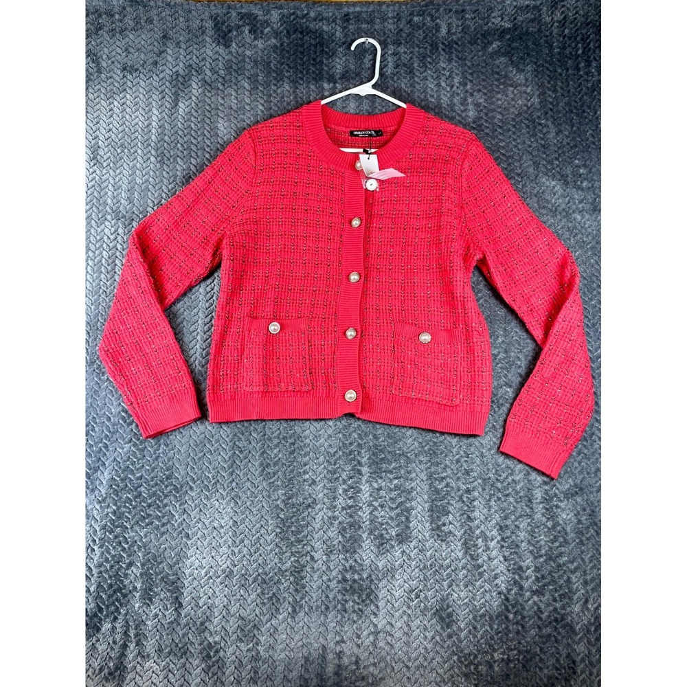 Urban Coco Cropped Cardigan Sweater Womens L Red Metallic Crew Neck Button Front